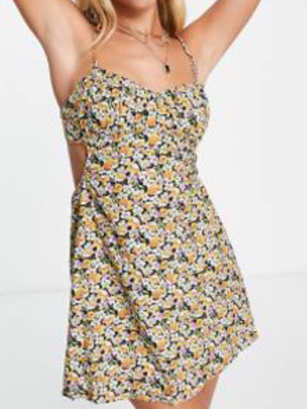ASOS Floral Cutout Spaghetti Strap Mini Dress in Black and Yellow